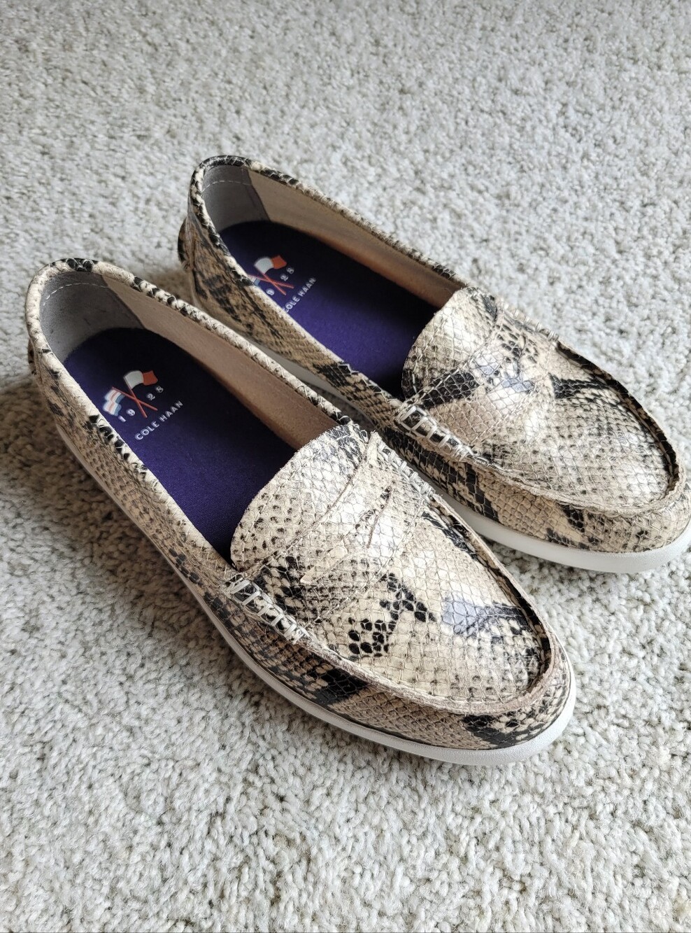 Cole Haan Women's Snake-Print Penny Loafers in Neutral, Black & Cream. Like New.
